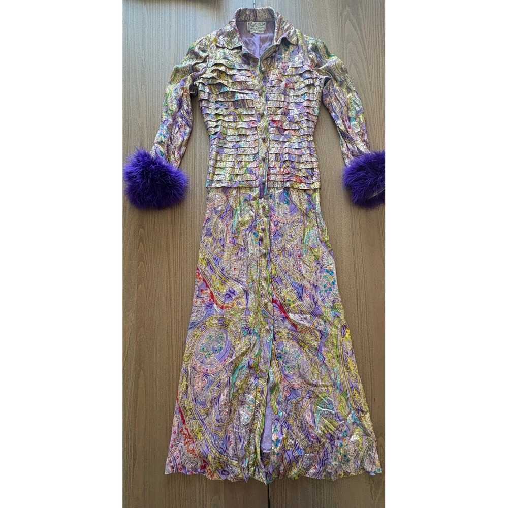 Malcolm Starr Rizkallah Vintage Paisley Brocade Feather Cuff Maxi Dress 10